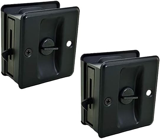 QCAA Solid Brass Sliding Door Pull Privacy Pocket Lock, Matte Black, Made in Taiwan, 2 Pack