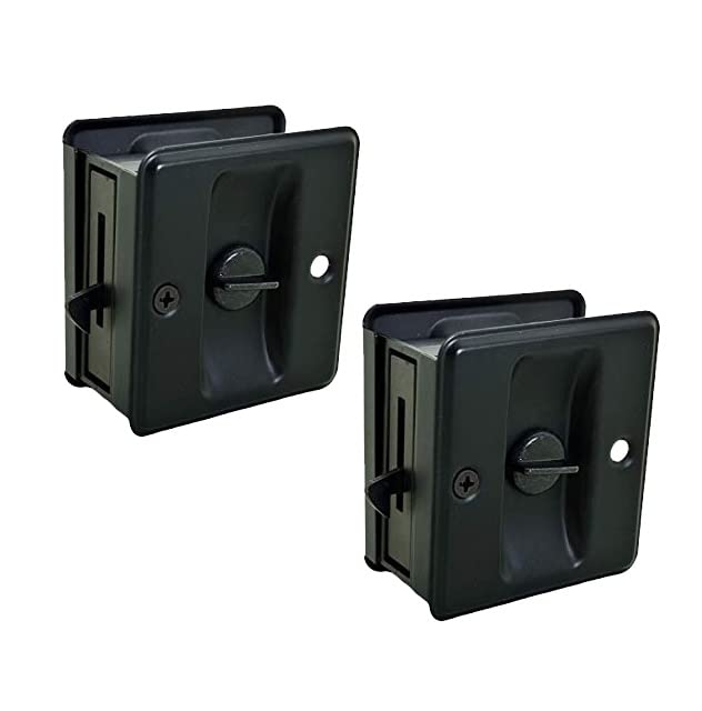 QCAA Solid Brass Sliding Door Pull Privacy Pocket Lock, Matte Black, 2 Pack