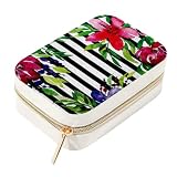 RODAILYCAY Joyero de viaje de terciopelo, caja de almacenamiento portátil de joyas, caja de almacenamiento de joyería de flores tropicales a rayas florales para collares, anillos, aretes, pulseras