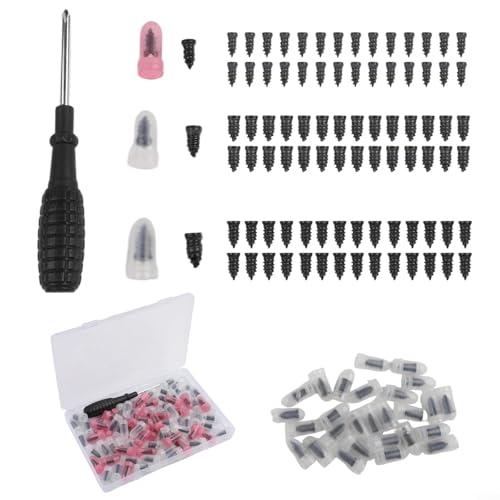 Lot de 100 vis de réparation de pneus avec clous en acier carbone revêtus de caoutchouc pour réparation rapide de crevaison sur voitures, camions, motos, VTT et vélos avec outil (84 pièces)