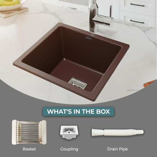 Image of ARQUIN Quartz Kitchen Sink 18x16x9 Inch Brown | Single Bowl Sink | Durable & Scratch-Resistant | Undermount /Topmount Including Coupling, Waste Pipe & Fruit Washing Basket