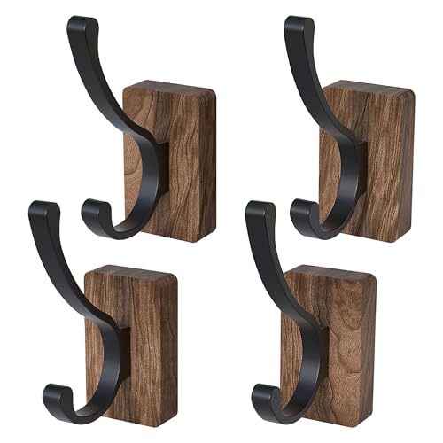 IURRDOP 4 ganchos de pared de madera de nogal negro, adhesivos montados y montados en la pared, ganchos decorativos rústicos de entrada de mediados de siglo, clavijas de madera natural modernas para