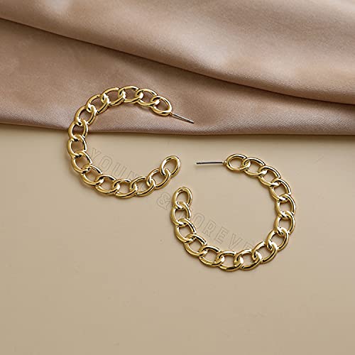 Image of Young & Forever Gift Stainless Steel Gold Plated Curb Chain Hoop Earrings for Women Big Hoop Dangle Earring for Women Circle Earrings Thin Geometric Hoop Earrings