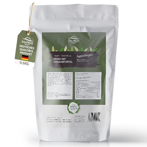 SALiNGO Premium Trockenfutter für Hunde | Hundefutter trocken Pferd mit Süßkartoffel | getreidefrei | Hoher Fleischanteil | Single Protein | hypoallergen (0,5 kg)
