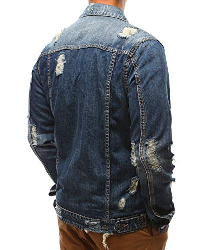Chouyatou Men's Distressed Button Front Casual Denim Jean Trucker Jacket (Large, Blue) #TOP1