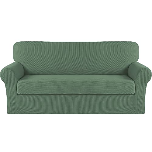 Turquoize Stretch Sofa Slipcover 2 Pieces Sofa Cover Couch Cover for 3 Cushion Couch Washable Furniture Protector Covers with Elastic Bottom Feature Thick Jacquard Fabric (Sofa, Loden Frost)