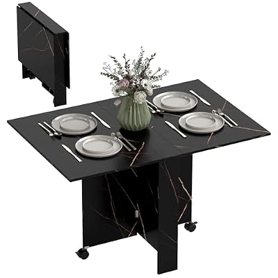 HOMCOM Mesa Plegable de Comedor, Mesa de Cocina Plegable, con Ruedas, Alas Abatibles, hasta 6 Personas, para Salón, Espacio Pequeño, 120x80x73 cm, Negro con Efecto Mármol