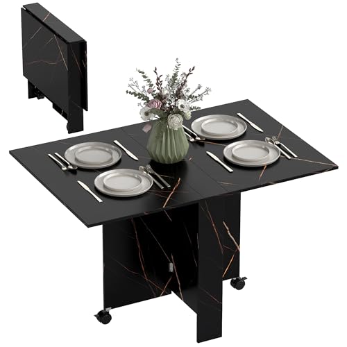 HOMCOM Mesa Plegable de Comedor, Mesa de Cocina Plegable, con Ruedas, Alas Abatibles, hasta 6 Personas, para Salón, Espacio Pequeño, 120x80x73 cm, Negro con Efecto Mármol