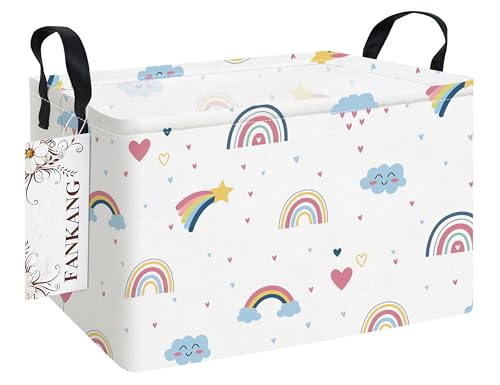 Image of FANKANG Storage Bins, Nursery Hamper Canvas Laundry Basket Foldable with Waterproof PE Coating Large Storage Baskets for Kids Boys and Girls, Office, Bedroom, Clothes,Toys(Rec-Love Rainbow)