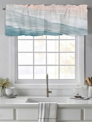 Litter Star Kitchen Valances for Windows, Summer Beach Blue Ocean Valance Curtain Rod Pocket Valance, Coastal Waves Water Ripples Short Curtains Window Topper for Bedroom Bathroom Living Room 54x18in