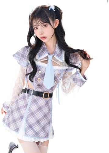 [Malymoon] コスプレ 制服 アイドル衣装 チェック柄 パステル ワンピース 仮装 マリームーン 5点セット 9935 詳細画像1