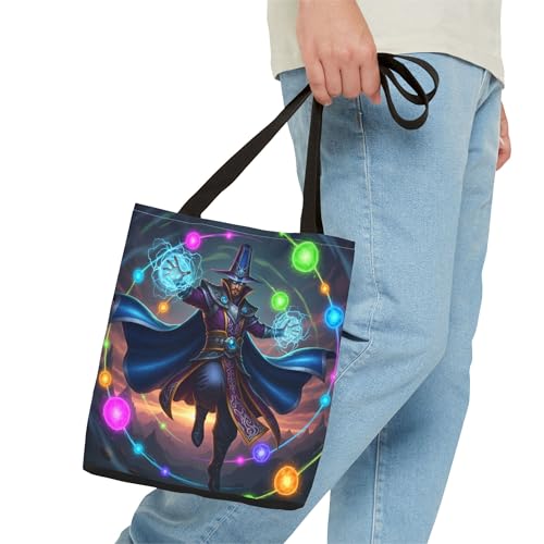 Premium Tote Bag with Reinforced Stitching - A Colorful Sorcerer Floating with Neon Orbs3