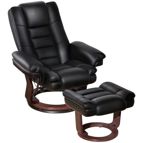 Swivel Recliner Chair with Ottoman, Adjustable PU Leather Recliner with Wood Base, Thick Padded Cushion, Modern Reclining Chair & Ottoman Set for Living Room, Bedroom, Office, Small Spaces (Black) Cover
