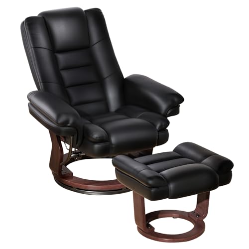 Swivel Recliner Chair with Ottoman, Adjustable PU Leather Recliner with Wood Base, Thick Padded Cushion, Modern Reclining Chair & Ottoman Set for Living Room, Bedroom, Office, Small Spaces (Black)