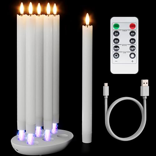 Image of Rechargeable Flameless Taper Candles with Remote, Charging Base, 6 Pcs | 0.78x9.6 inch white wax LED tapers, 3D flicker, 2.5-hour USB-C charge, up to 160-hour runtime for Home Wedding Christmas Decor