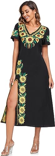 Image of YZXDORWJ Women Mexican Embroidered Dress V Neck Sexy Maxi Short Sleeve Casual Beach Split Dress