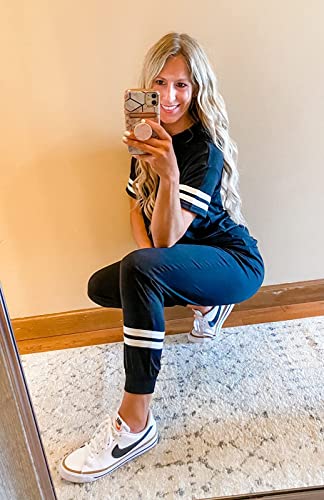 Prettygarden Women’s Summer Two Piece Outfits Striped Short Sleeve Pullover And Long Pants Tracksuit Pajama Lounge Jogging Set With Pockets (Black, X-Large) #TOP3