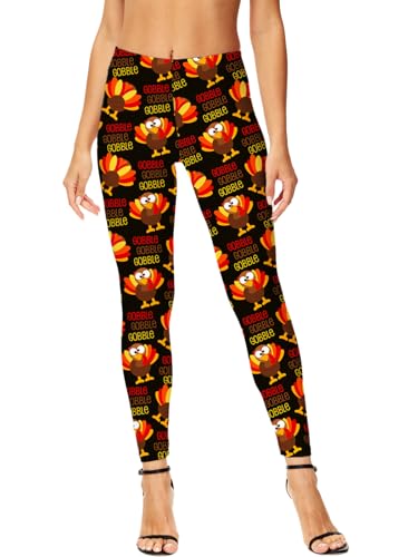 Deerose Women Halloween Leggings Pumpkin Skull High Waist Striped Costume Legging, Gobble Black, Large