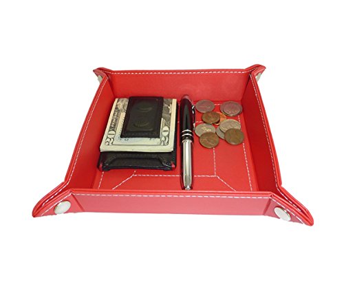 Red Leather Jewelry Mens Catchall Key Wallet Phone Coin Box Tray Storage Valet