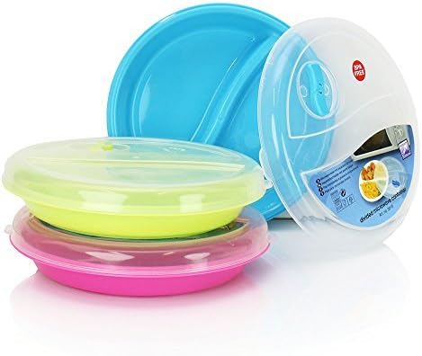 (Set of 3) Microwave Food Storage Tray Containers - 2 Section / Compartment Divided Plates w/ Vented Lid