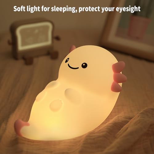 Image of Cute Axolotl Night Light, Dimmable Nursery Lamps, Super Squishy Silicone Timer USB Rechargeable Touch Control RGB Night Lamp for Kids Adults, Used for Camping Party Room Decor (Axolotl)