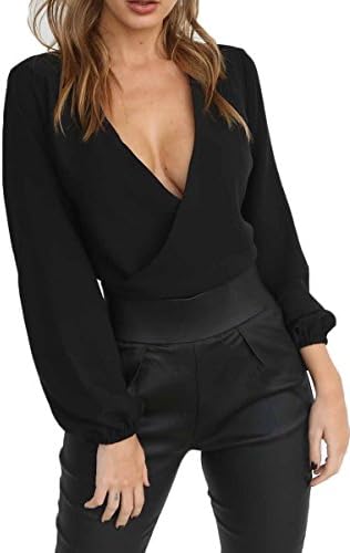 Almaree Women's Wrap Front Tie Back Deep V Neck Long Sleeve Crop Tops Blouse