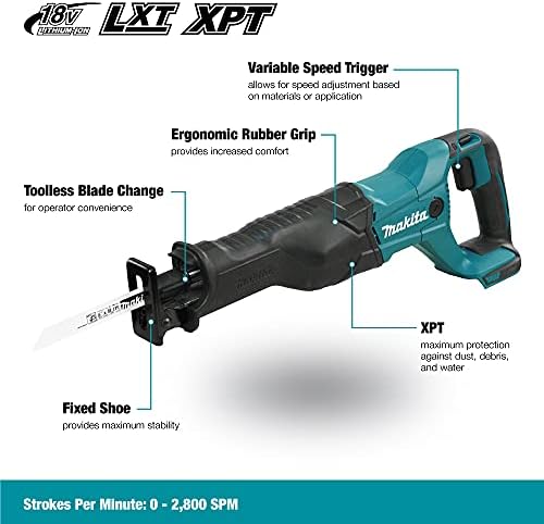 Makita DJR186Z Reciprocating Saw, 18 V,Blue
