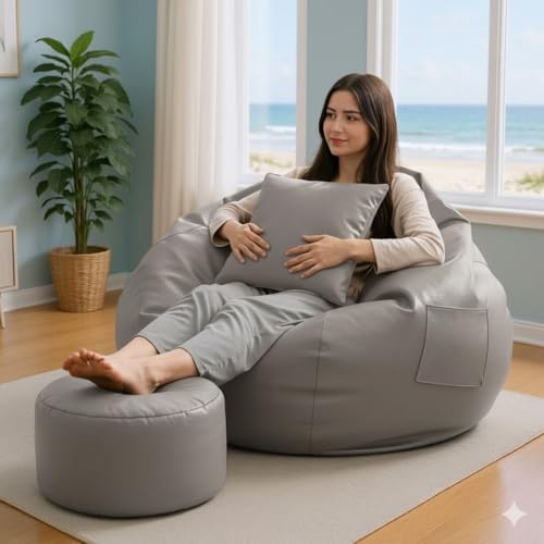 Image of 4XL Faux Leather Bean Bag Cover with Footrest Color Grey | Bean Bag Cover Without Beans Filled XXXXL (Only Cover)