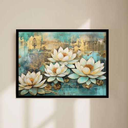 Image of PAINTINGMANTRA White Lotus Flower Framed Wall Art Painting for wall decoration, Lotus floral Poster with frame for living room, bedroom, Home and Office, 10x13 Inch
