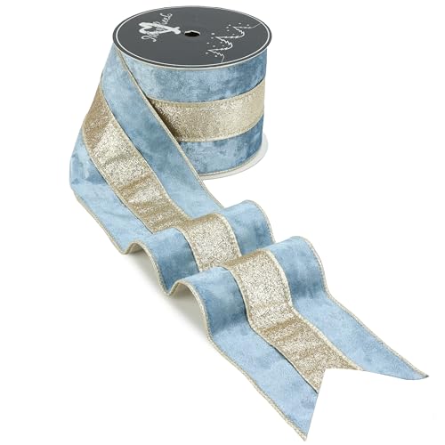 MAYREEL Dusty Blue Crushed Velvet Wired Ribbon 4 Inch Extra Wide Christmas Ribbon with Champagne Gold Glitter Stripe, 10-Yard Roll for Christmas Tree, Wreaths, Bows & Elegant Holiday Décor by MAYREEL - Image 9