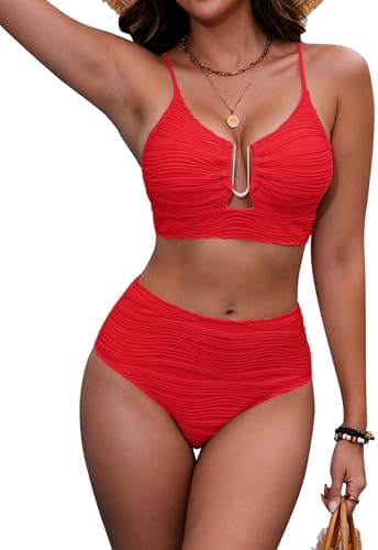 HORISUN High Waist Bikini Damen Set Bauchweg Push Up Zweiteiliger Badeanzug | Bikinioberteil mit Cut-out & U-förmigem Metallring, Strukturierter Stoff, Verstellbare Spaghettiträger
