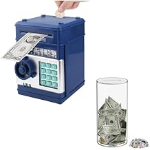 Clear and Unopenable Transparent Piggy Bank with 50 pcs Sticker Medium + Electronic Piggy Bank Mini ATM for Kids Baby Toy with Password Navy Blue
