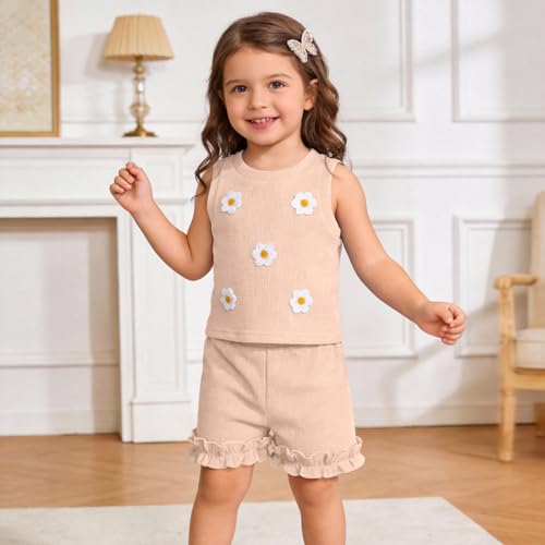 Kislio Toddler Baby Girl Outfits Floral Summer Clothes Waffle Sleeveless Tops Ruffle Shorts Cute Infant Spring Clothes Set — view 3