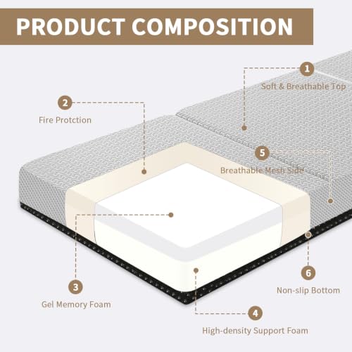 Image of CYMULA Folding Mattress Single Size,6 inch Tri-Fold Floor Mat for Naps,Grey