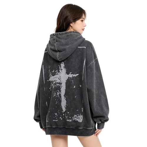 MLAFE Gothic Cross Print Hoodie Y2K Washed and Aged Print Hooded