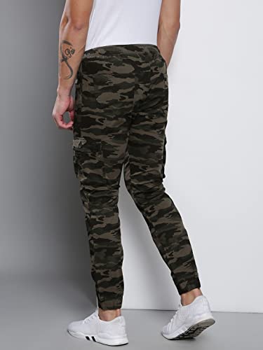 Image of Dennis Lingo Camouflage Print Cotton Men's Casual Cargo Pant, Tapered Fit, Mid Rise, Ankle Length, Multi-Pocket Drawstring Stretchable Cargos for Men, Trousers