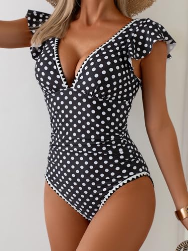 Image of Aidonger Women's One Piece Ruffle Swimsuit Tummy Control Bathing Suit V Neck Shell Stitched Swim Suit Slimming Swimwear