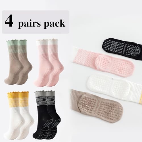 Image of 2 /4 Pairs Pilates Socks with Grips for Women,Cute Grippy Yoga Non Slip Ruffle Sock for Ballet Barre Barefoot Hospital Workout