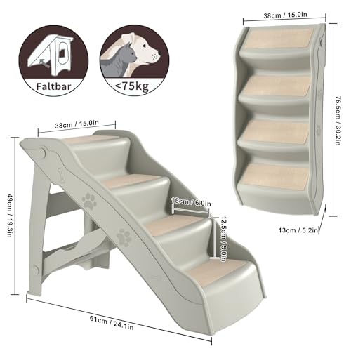 YRHome Hundetreppe Klappbar Tiertreppe Haustiertreppe 4 Stufen 50cm Hoch Katzentreppe mit Rutschfesten Matte und Stützstange Hunderampe für Hunde Katze bis zu 75 kg Grau