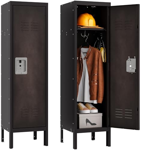 Vintage Metal Locker with Hooks,Lockable 1 Door Storage Locker,Retro Black Single Lockers for Employees,Steel Locker for Home, Office,Gym,Old School Lockers Storage