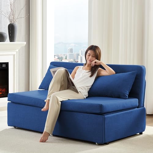 Image of BALUS 43 inch W Queen Size Sleeper Couch Bed Pull Out Sofa with Pullout Beds, 2 in 1 Convertible Linen Single Sleepers Sofas Chair with Foldable Mattress and Pillows for Small Space Apartment, Blue