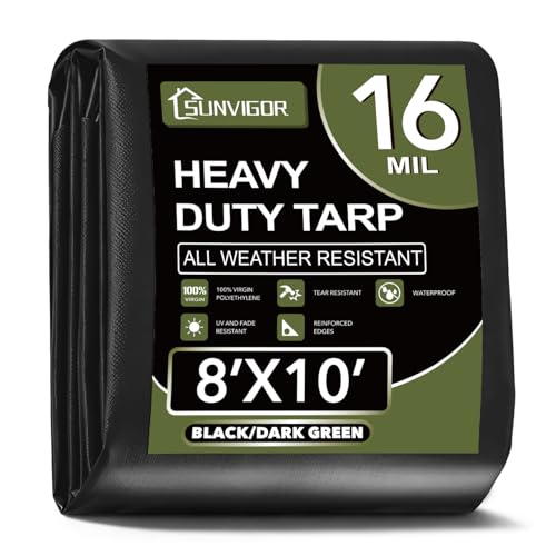 Sunvigor Tarp Waterproof 8x10Ft, Extra Thick 16 Mil Heavy Duty Tarp Cover, Tear & Fade Resistant, Outdoor Tarps with Brass Grommets and Reinforced Edges for Roof, Camping, Patio, Boat (Black/Green)