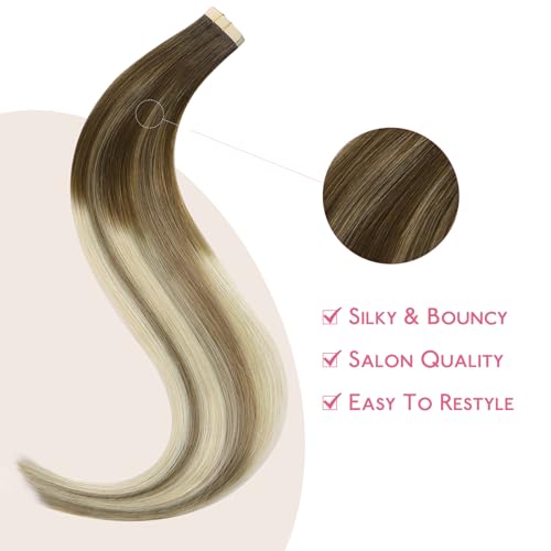 Image of WENNALIFE Tape in Hair Extensions Human Hair Ombre Walnut Brown to Ash Brown and Bleach Blonde Tape in Extensions, 10pcs 20g 10 inch Remy Invisible Tape Ins Straight Real Human Hair Tape in Extensions