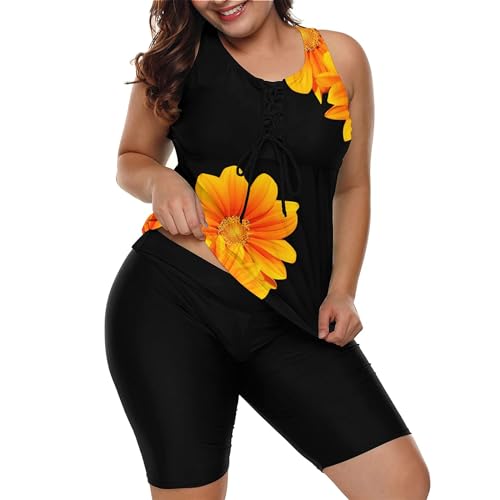 Lalagen Womens 2024 Plus Size Tankini Swimsuits Rash Guard Capris Athletic Two Piece Swimwear Bathing Suits Yellow Flower Xxl thumb #1
