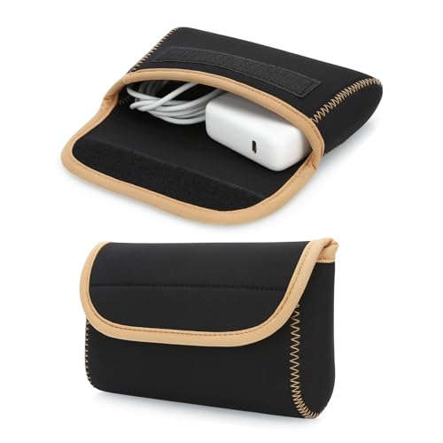 JINSI Small Neoprene Tech Pouch, Travel Cable Organiser Bag, Electronics Accessories Carry Storage Bags for MacBook Power Adapter, Power Bank, Wireless Mouse, Phone Charger, or Small Devices, Brown