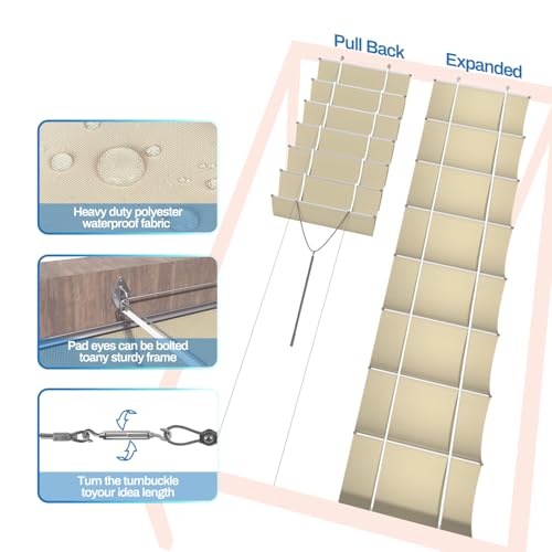 TANG 3' x 12' Waterproof Pergola Shade Cover Retractable Sun Shades Outdoor Patio Pergolas Canopy Replacement Pergola Kit, Wave Shade Sail with Hardware Wire Cable, Beige by TANG - Image 4