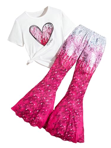 Image of OYOANGLE Girl's 2 Piece Outfits Clothes Set Print Short Sleeve T-Shirt and Flare Leg Pants Set
