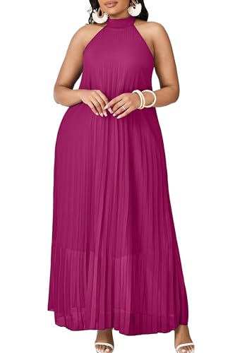 FANDEE Maxi Dress for Women Plus Size Casual Sleeveless Chiffon Halter Neck Pleated Loose Long Dresses Pink Purple