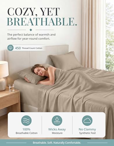 Image of LANE LINEN 100% Cotton Sheets Twin Size - 450 Thread Count Sateen Weave for Smooth Feel On Skin - Extra Soft & Breathable Twin Sheet Set for Single Beds - Fits Mattresses Upto 15'' Deep - Taupe