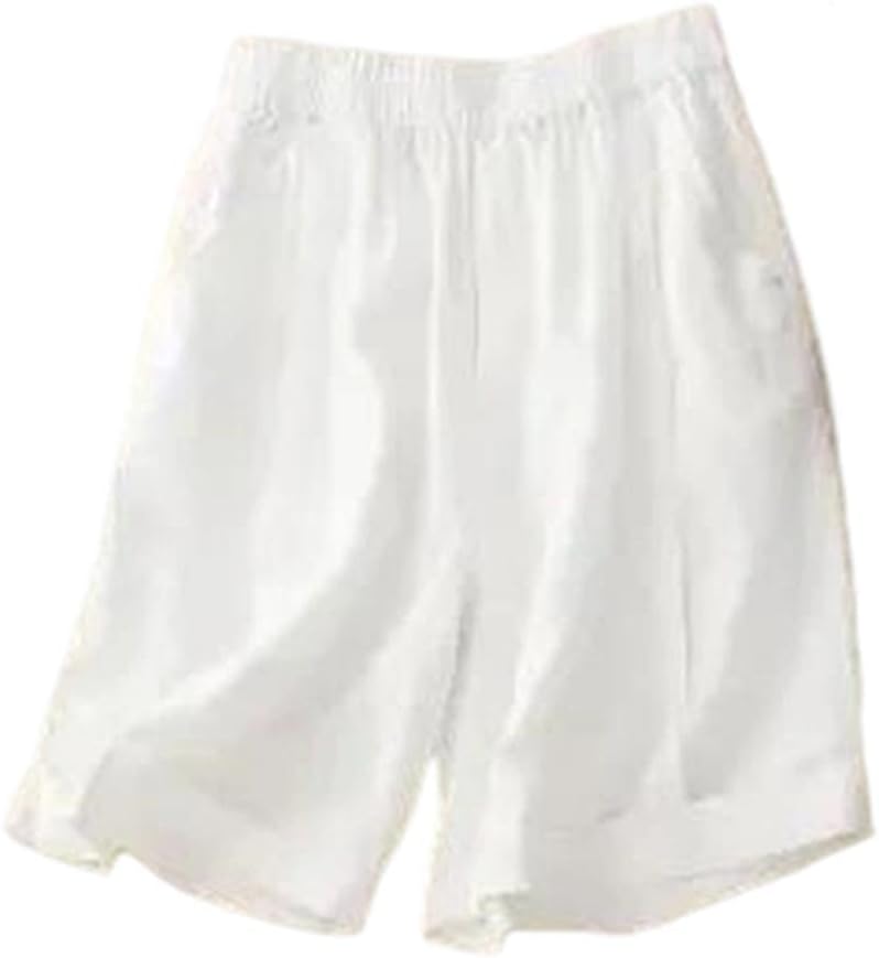 Women Linen Blend Wide Leg Shorts Elastic Waist Rolled Hem Casual Comfy Short Pants